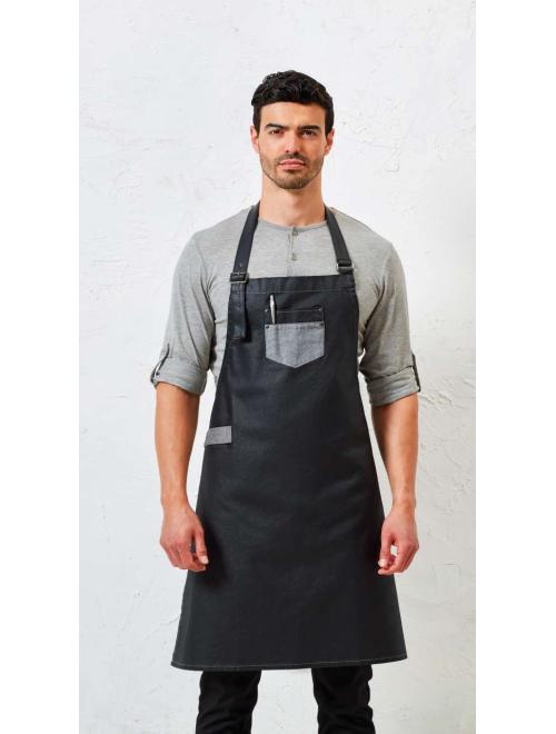 'DIVISION' WAXED LOOK DENIM BIB APRON WITH FAUX LEATHER 'DIVISION' WAXED LOOK DENIM BIB APRON WITH FAUX LEATHER
