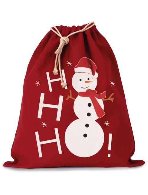 COTTON BAG WITH SNOWMAN DESIGN AND DRAWCORD CLOSURE Cherry Red