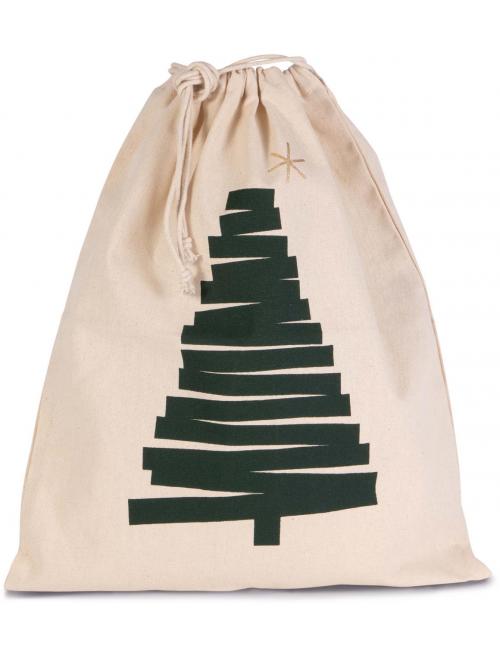 COTTON BAG WITH CHRISTMAS TREE DESIGN AND DRAWCORD CLOSURE