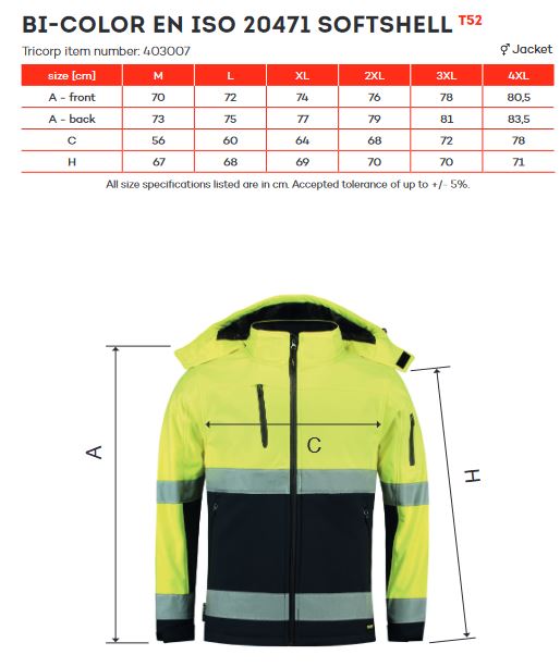 Bi-color EN ISO 20471 Softshell mérettáblázat Bi-color EN ISO 20471 Softshell mérettáblázat