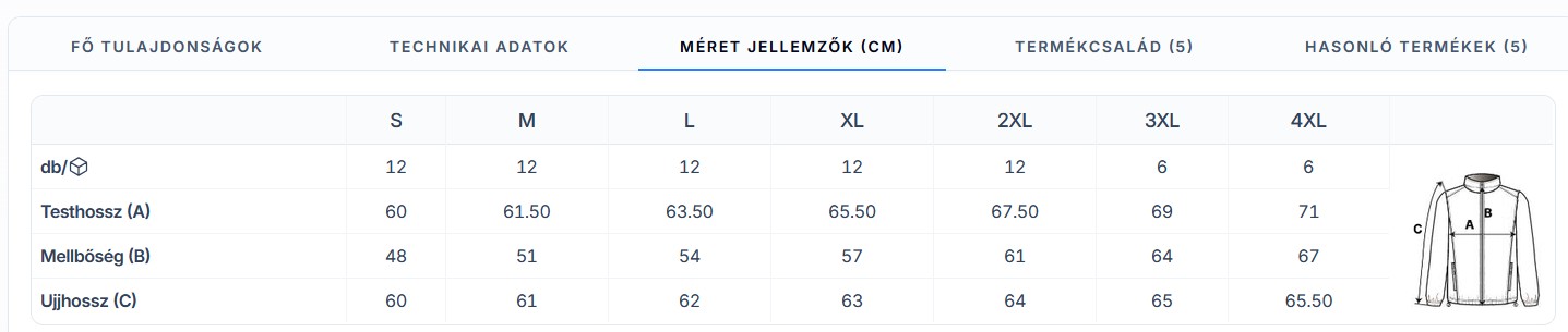 NŐI 3 RÉTEGŰ LEVEHETŐ KAPUCNIS SOFTSHELL DZSEKI mérettáblázat NŐI 3 RÉTEGŰ LEVEHETŐ KAPUCNIS SOFTSHELL DZSEKI mérettáblázat
